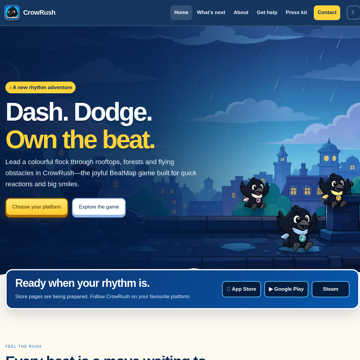 Screenshot of the CrowRush rhythm game website.