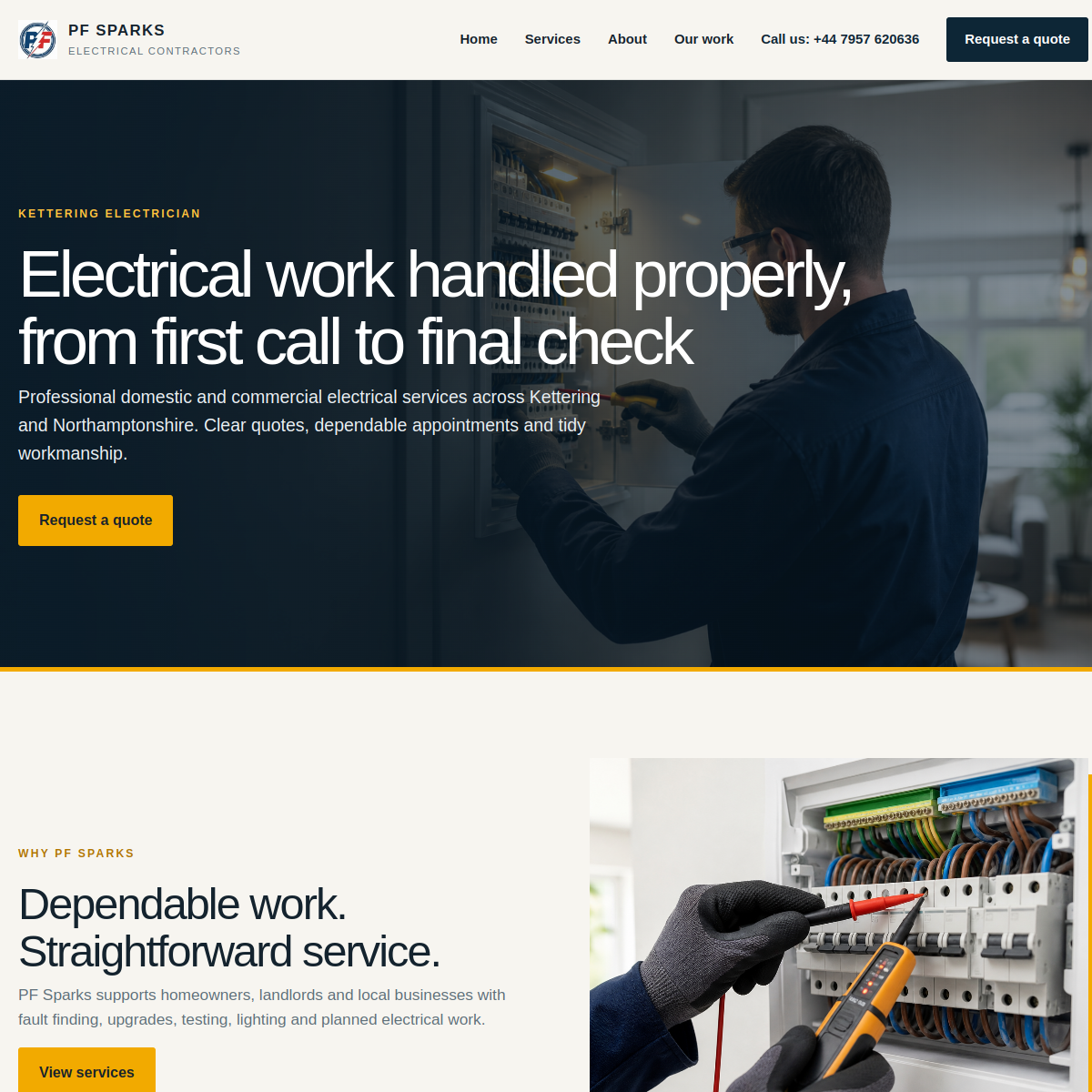 Screenshot of the PF Sparks electrical contractors website.